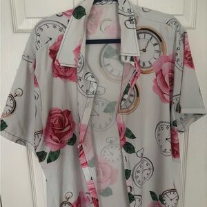 SHEIN Gray and Pink Floral Clock Print Casual Button Down Shirt